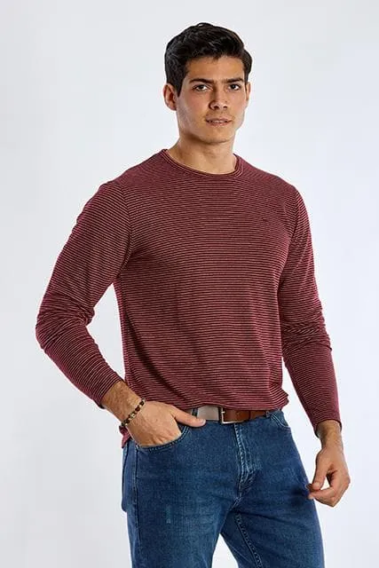 Long Sleeve Round Neck Striped T-Shirt - WINE