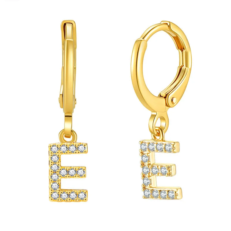 Luxury Elegant Letter A-Z Inlaid With Shiny Zircon Hoop Earrings Trendy Golden Color Daily Wear Accessories Copper 18K Gold Plated Jewelry