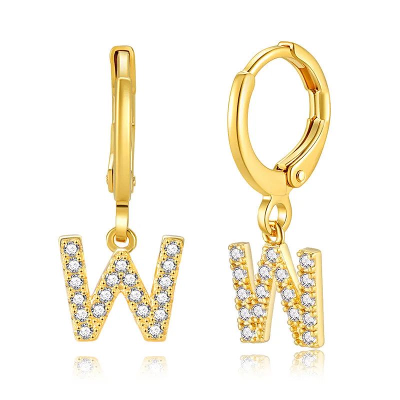 Luxury Elegant Letter A-Z Inlaid With Shiny Zircon Hoop Earrings Trendy Golden Color Daily Wear Accessories Copper 18K Gold Plated Jewelry