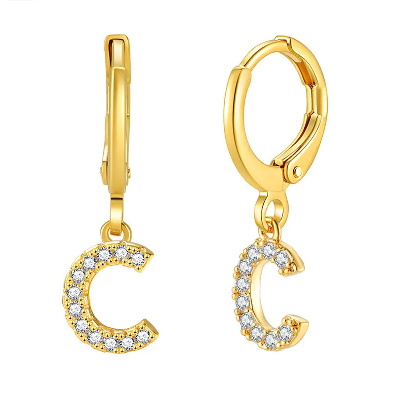 Luxury Elegant Letter A-Z Inlaid With Shiny Zircon Hoop Earrings Trendy Golden Color Daily Wear Accessories Copper 18K Gold Plated Jewelry