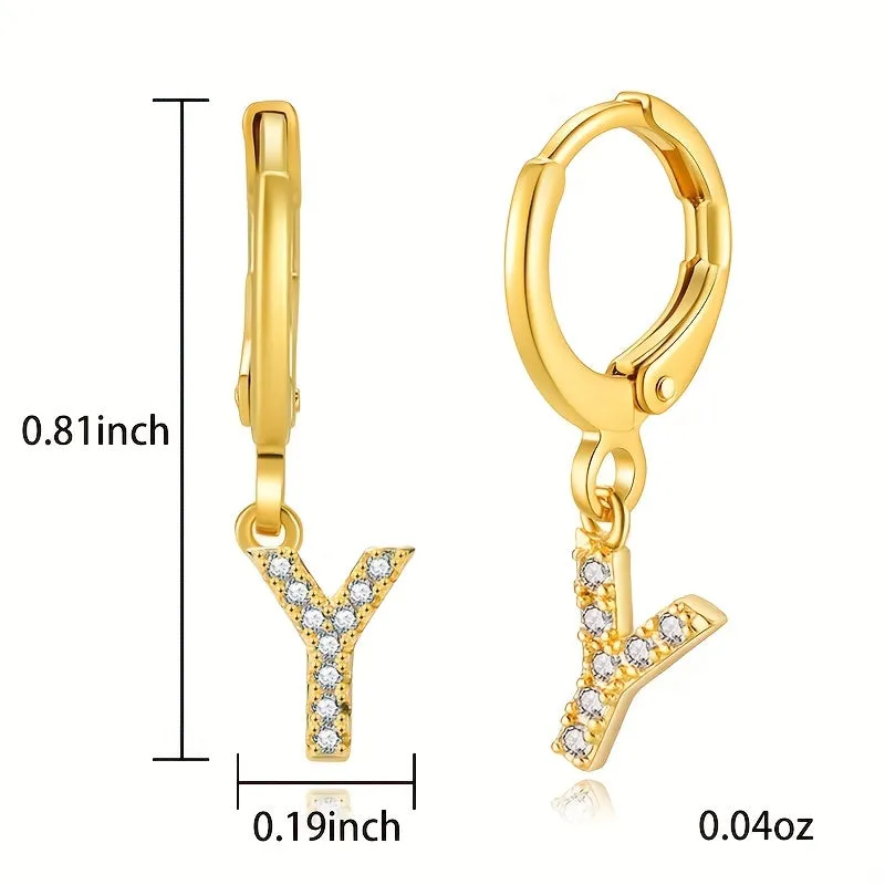 Luxury Elegant Letter A-Z Inlaid With Shiny Zircon Hoop Earrings Trendy Golden Color Daily Wear Accessories Copper 18K Gold Plated Jewelry