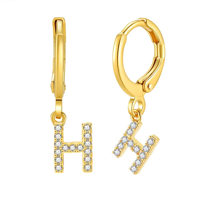 Luxury Elegant Letter A-Z Inlaid With Shiny Zircon Hoop Earrings Trendy Golden Color Daily Wear Accessories Copper 18K Gold Plated Jewelry