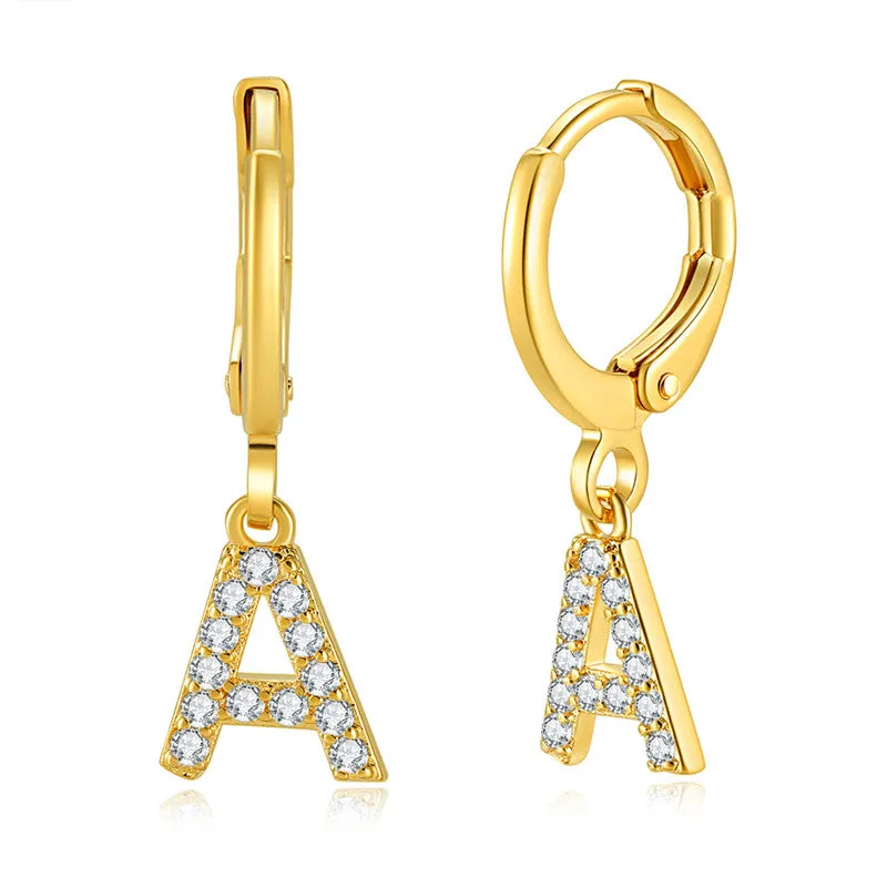 Luxury Elegant Letter A-Z Inlaid With Shiny Zircon Hoop Earrings Trendy Golden Color Daily Wear Accessories Copper 18K Gold Plated Jewelry