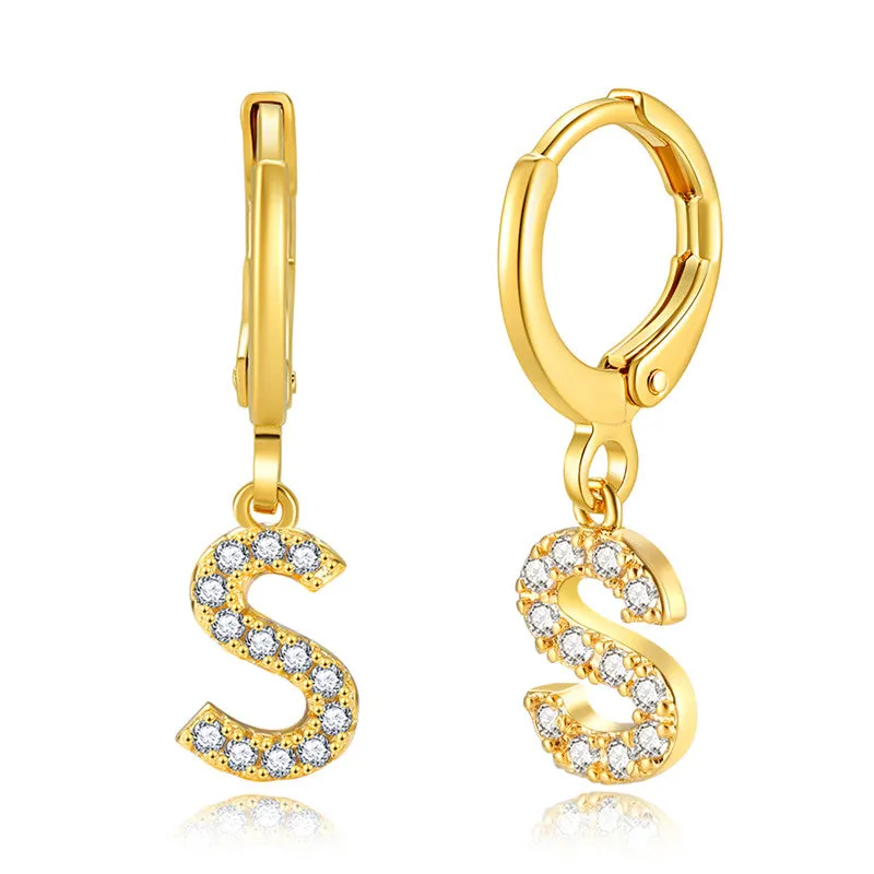 Luxury Elegant Letter A-Z Inlaid With Shiny Zircon Hoop Earrings Trendy Golden Color Daily Wear Accessories Copper 18K Gold Plated Jewelry