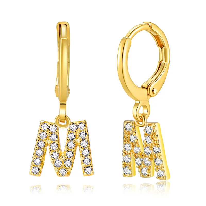 Luxury Elegant Letter A-Z Inlaid With Shiny Zircon Hoop Earrings Trendy Golden Color Daily Wear Accessories Copper 18K Gold Plated Jewelry