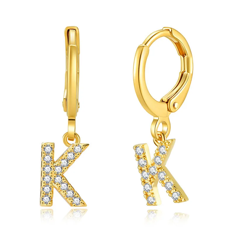 Luxury Elegant Letter A-Z Inlaid With Shiny Zircon Hoop Earrings Trendy Golden Color Daily Wear Accessories Copper 18K Gold Plated Jewelry