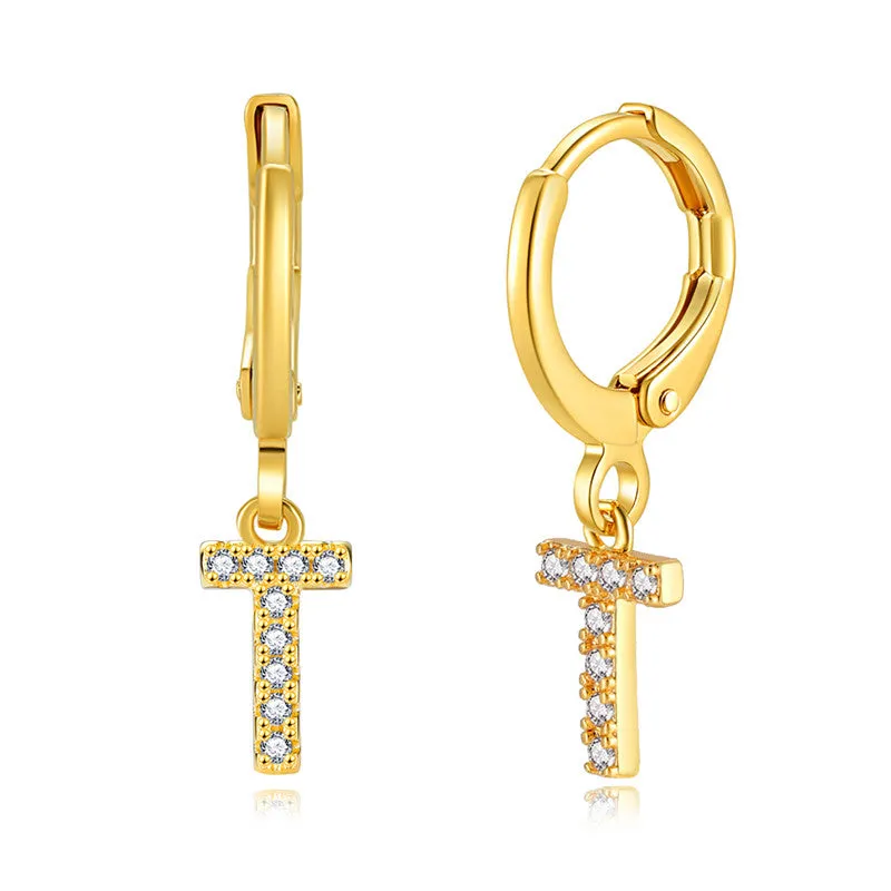 Luxury Elegant Letter A-Z Inlaid With Shiny Zircon Hoop Earrings Trendy Golden Color Daily Wear Accessories Copper 18K Gold Plated Jewelry