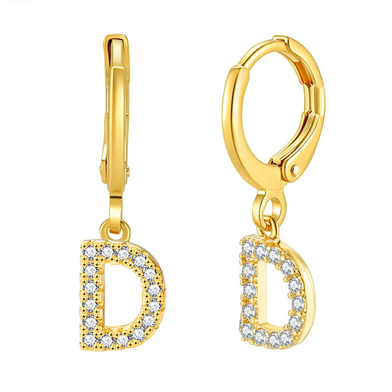 Luxury Elegant Letter A-Z Inlaid With Shiny Zircon Hoop Earrings Trendy Golden Color Daily Wear Accessories Copper 18K Gold Plated Jewelry