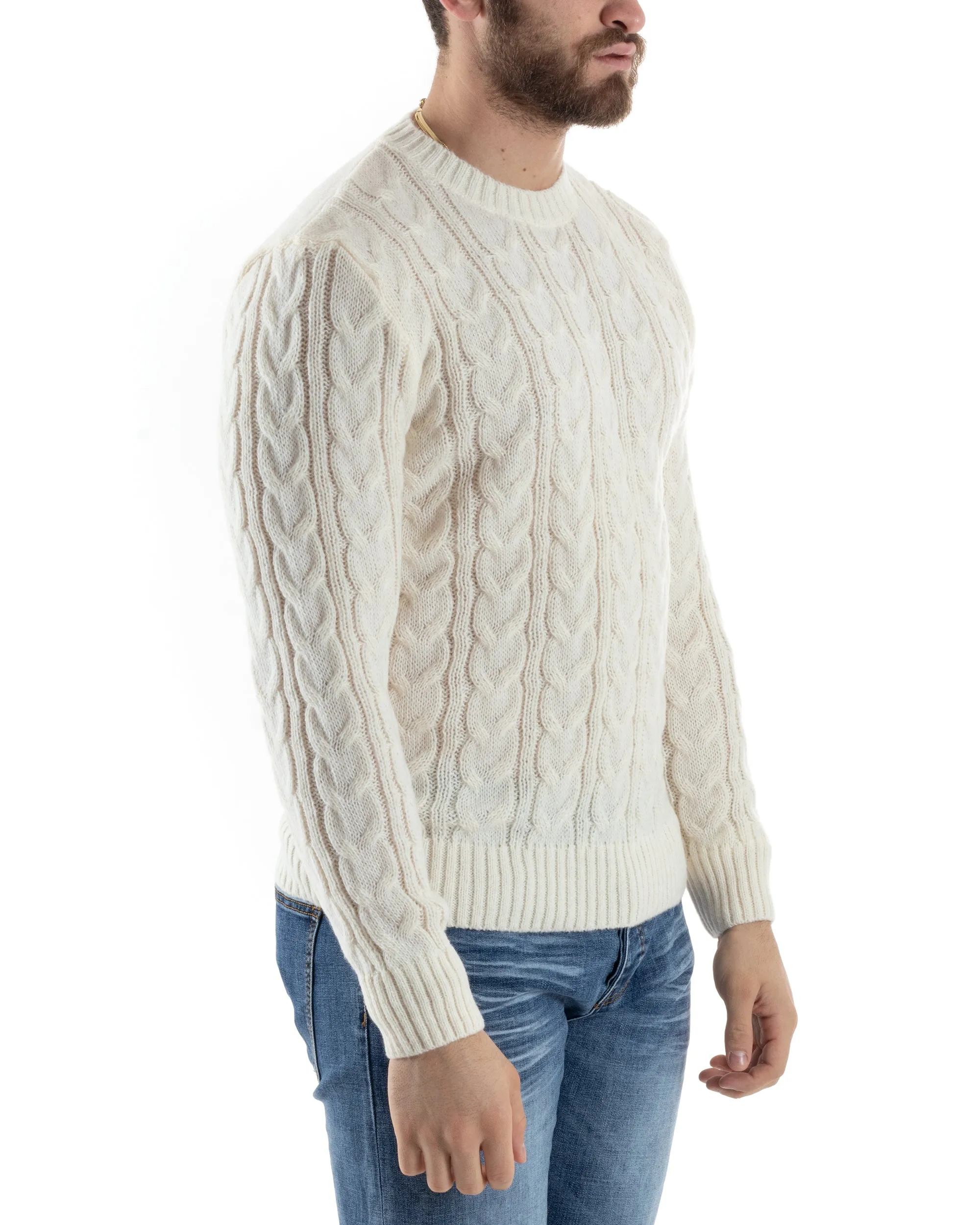 Maglione Con Trecce Uomo Girocollo Maglia Maglioncino Intrecciato Panna GIOSAL-M2801A