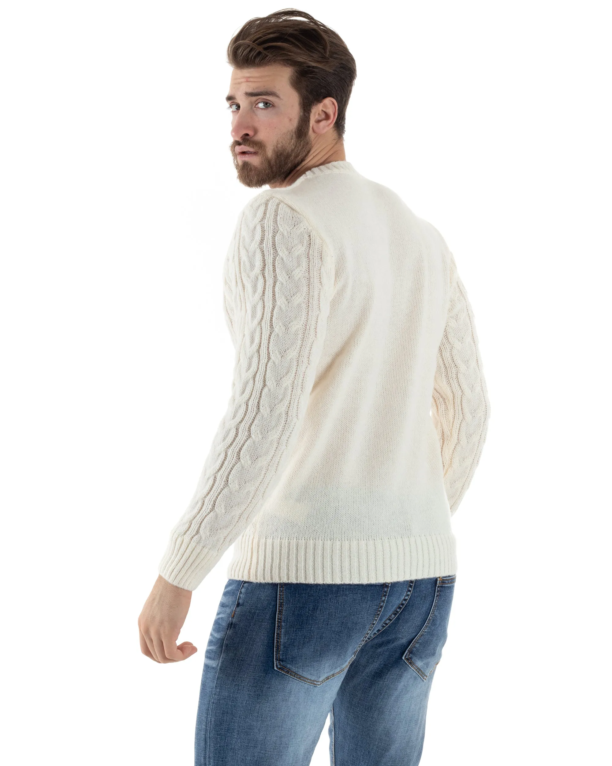 Maglione Con Trecce Uomo Girocollo Maglia Maglioncino Intrecciato Panna GIOSAL-M2801A