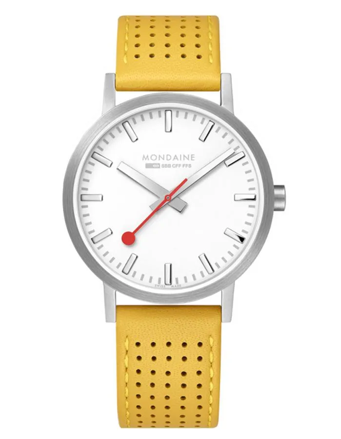 Mondaine Womens Classic Watch - Stainless Steel - White Dial - Yellow Leather