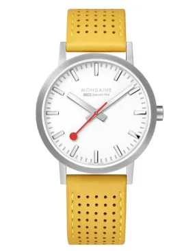 Mondaine Womens Classic Watch - Stainless Steel - White Dial - Yellow Leather