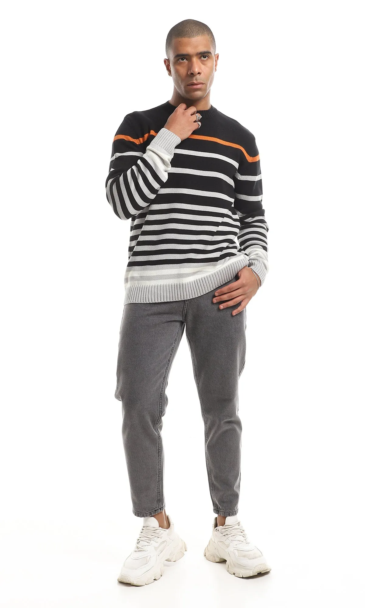 O160322 Striped Slip On Round Neck Pullover - Black & Grey