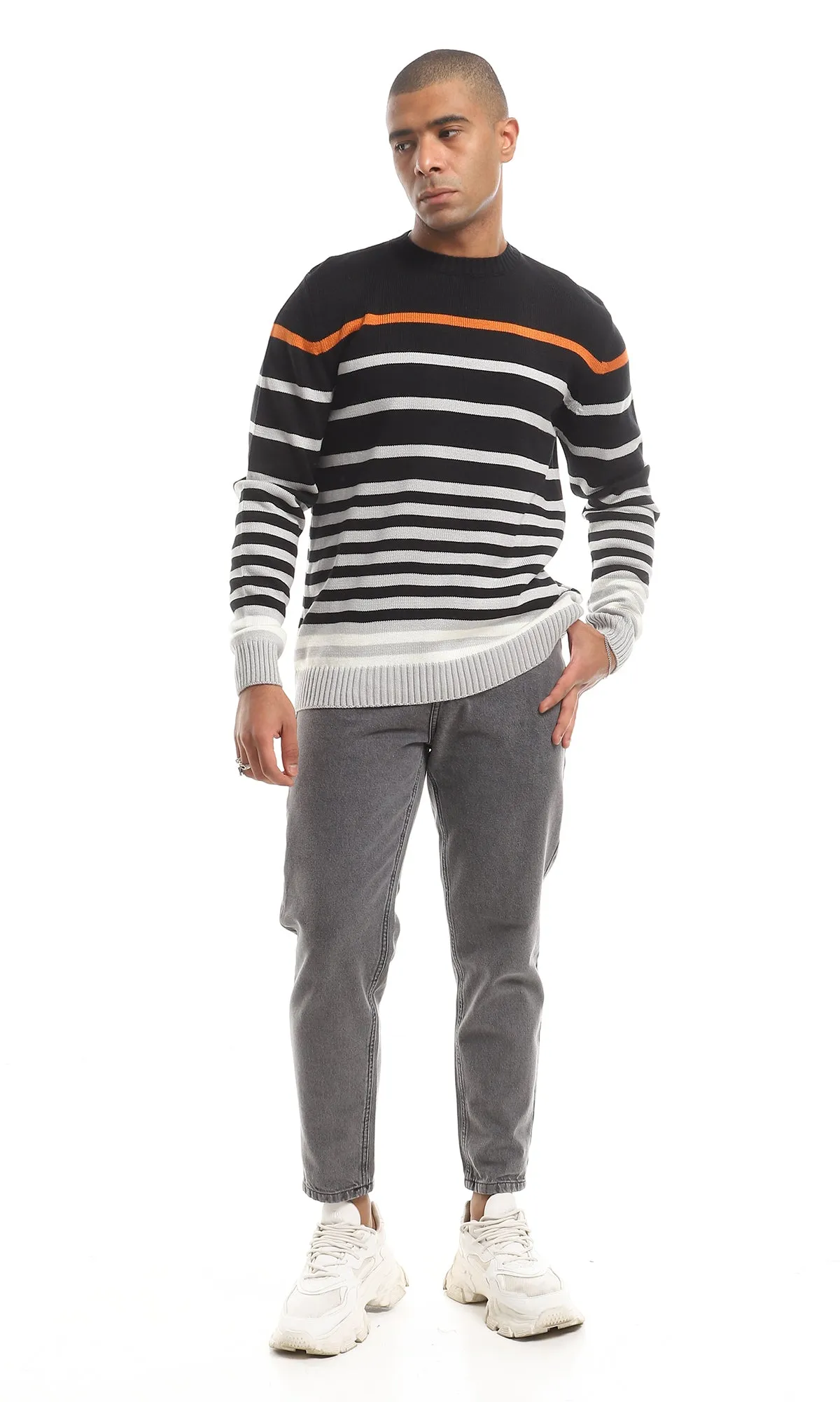 O160322 Striped Slip On Round Neck Pullover - Black & Grey