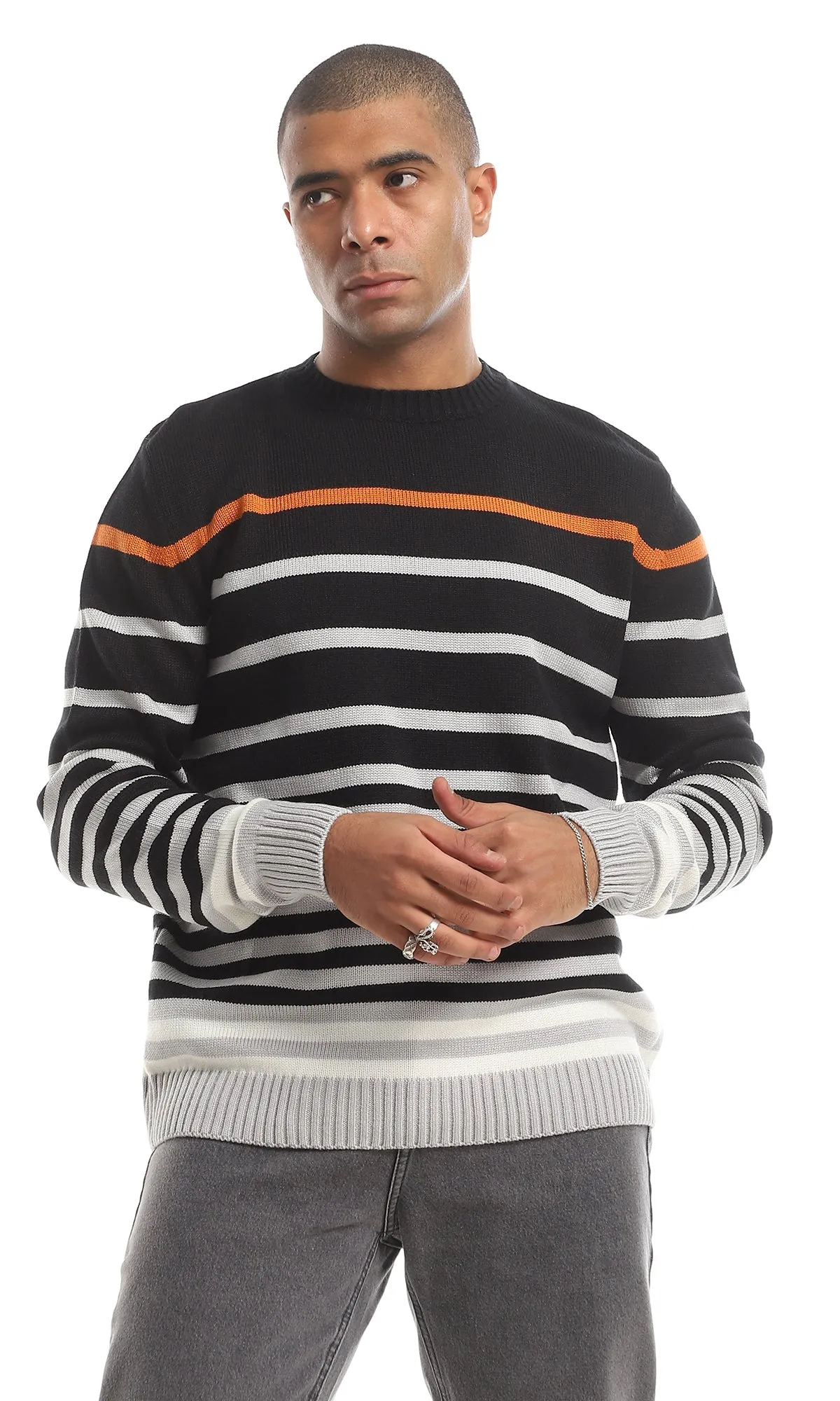 O160322 Striped Slip On Round Neck Pullover - Black & Grey