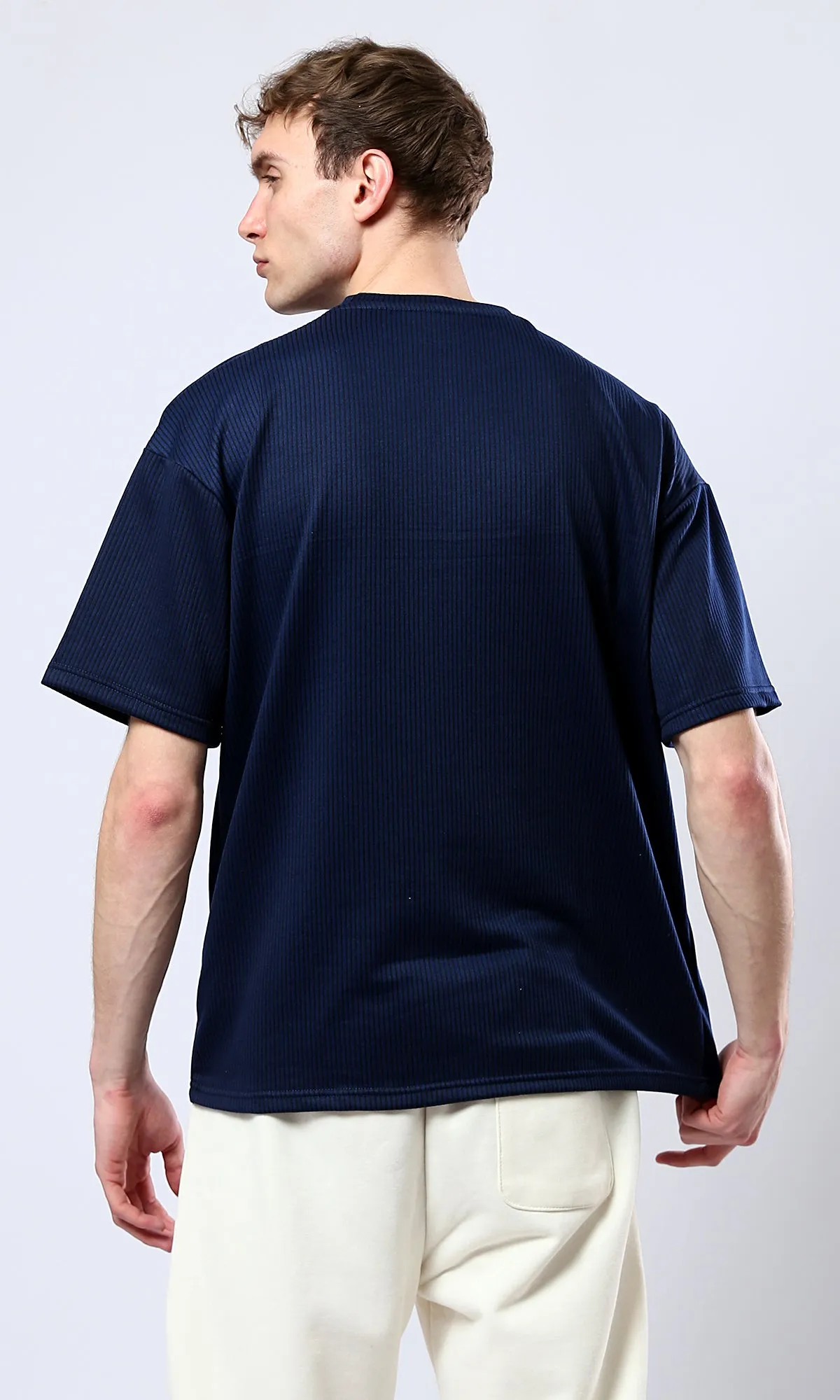 O180760 Short Sleeves All-Over Ribbed Navy Blue Tee