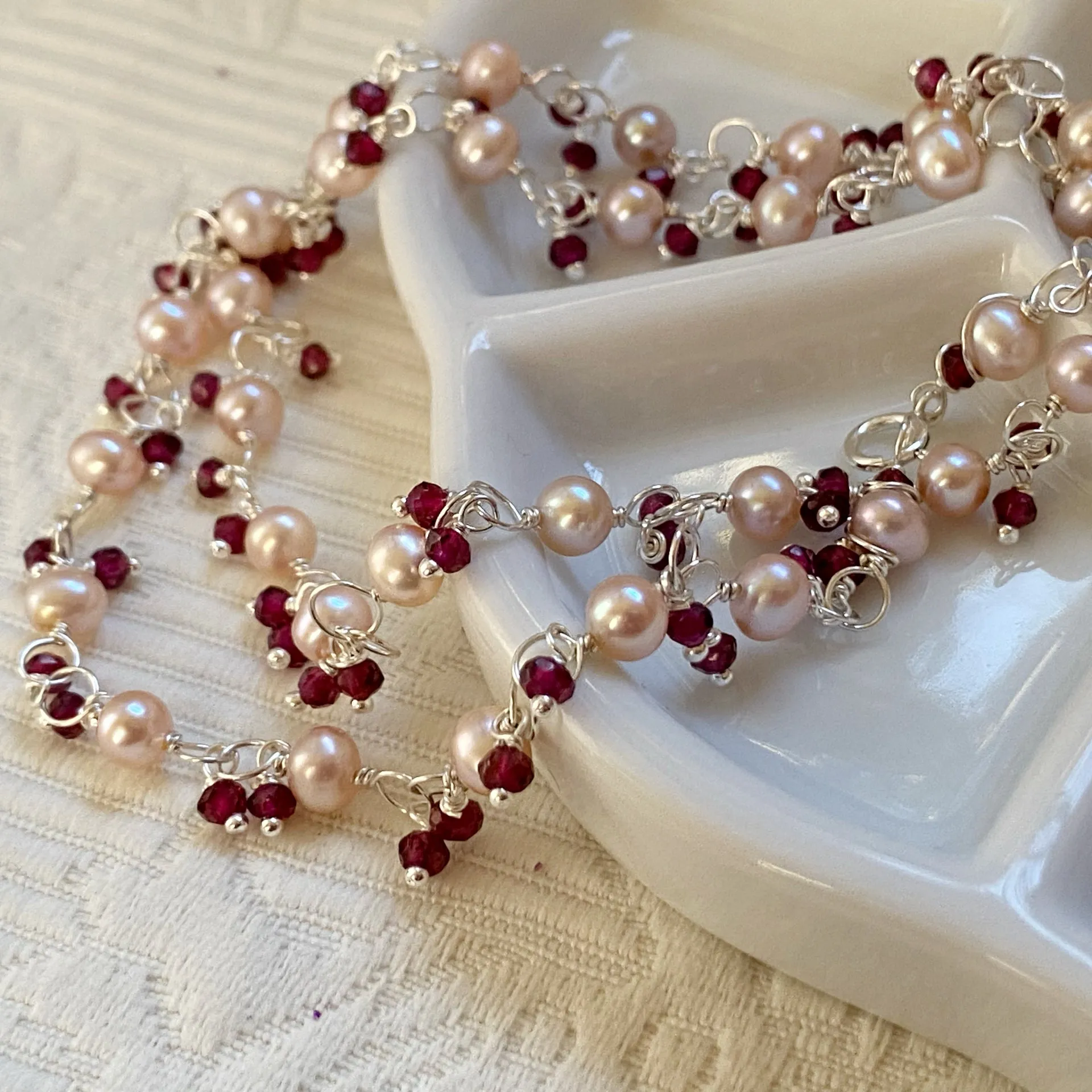 Pink pearl and garnet cluster chain necklace