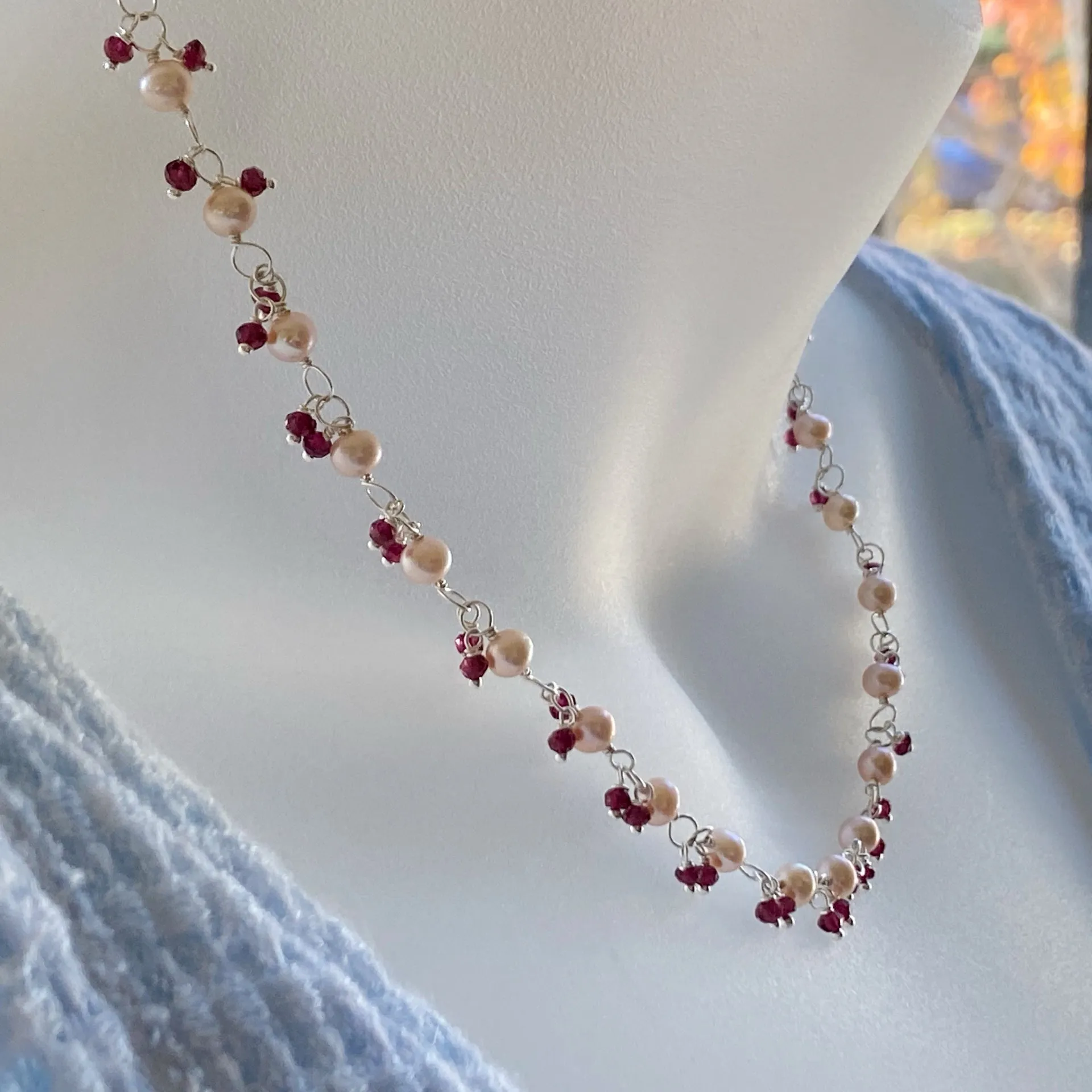 Pink pearl and garnet cluster chain necklace