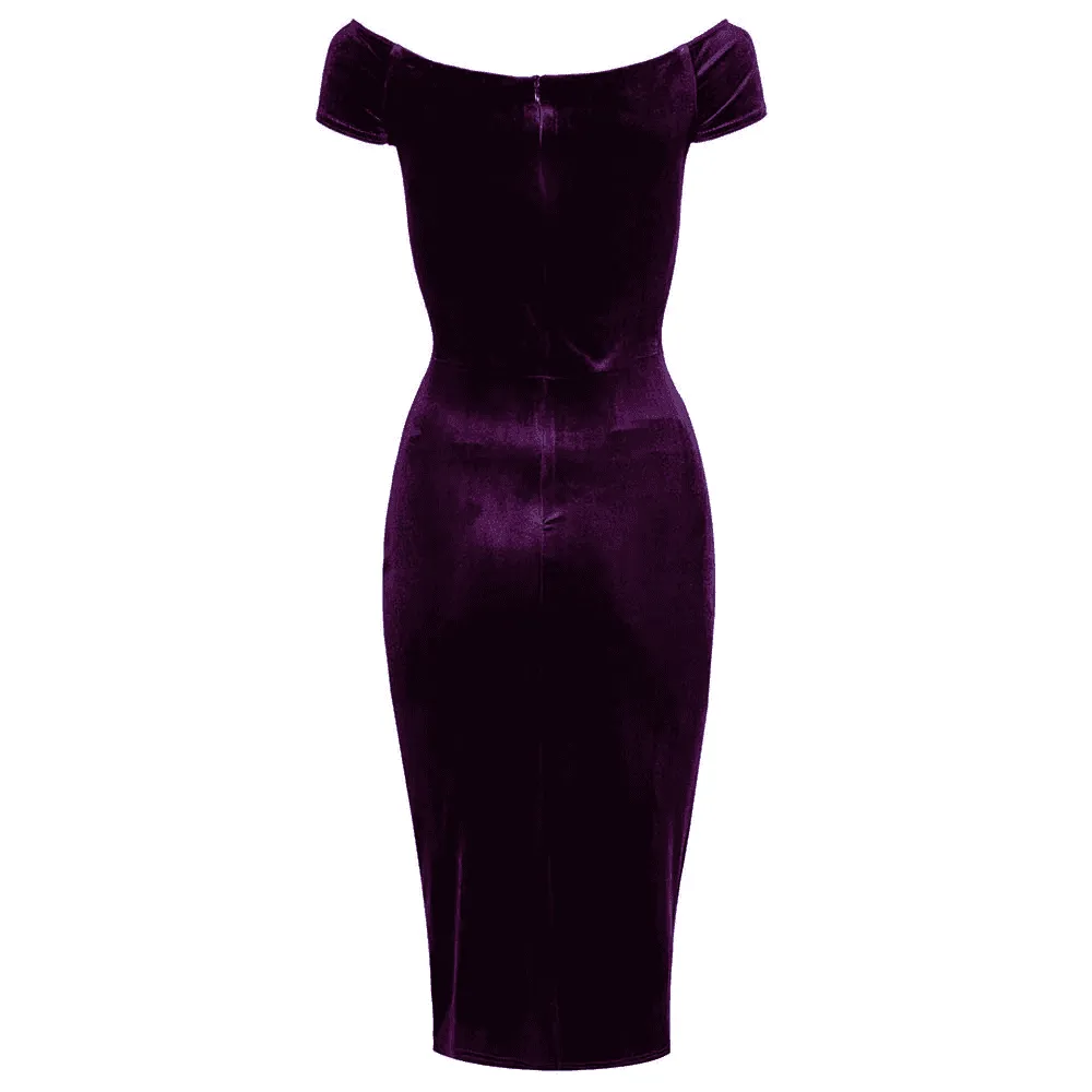 Purple Velour Cap Sleeve Crossover Top Bardot Wiggle Dress