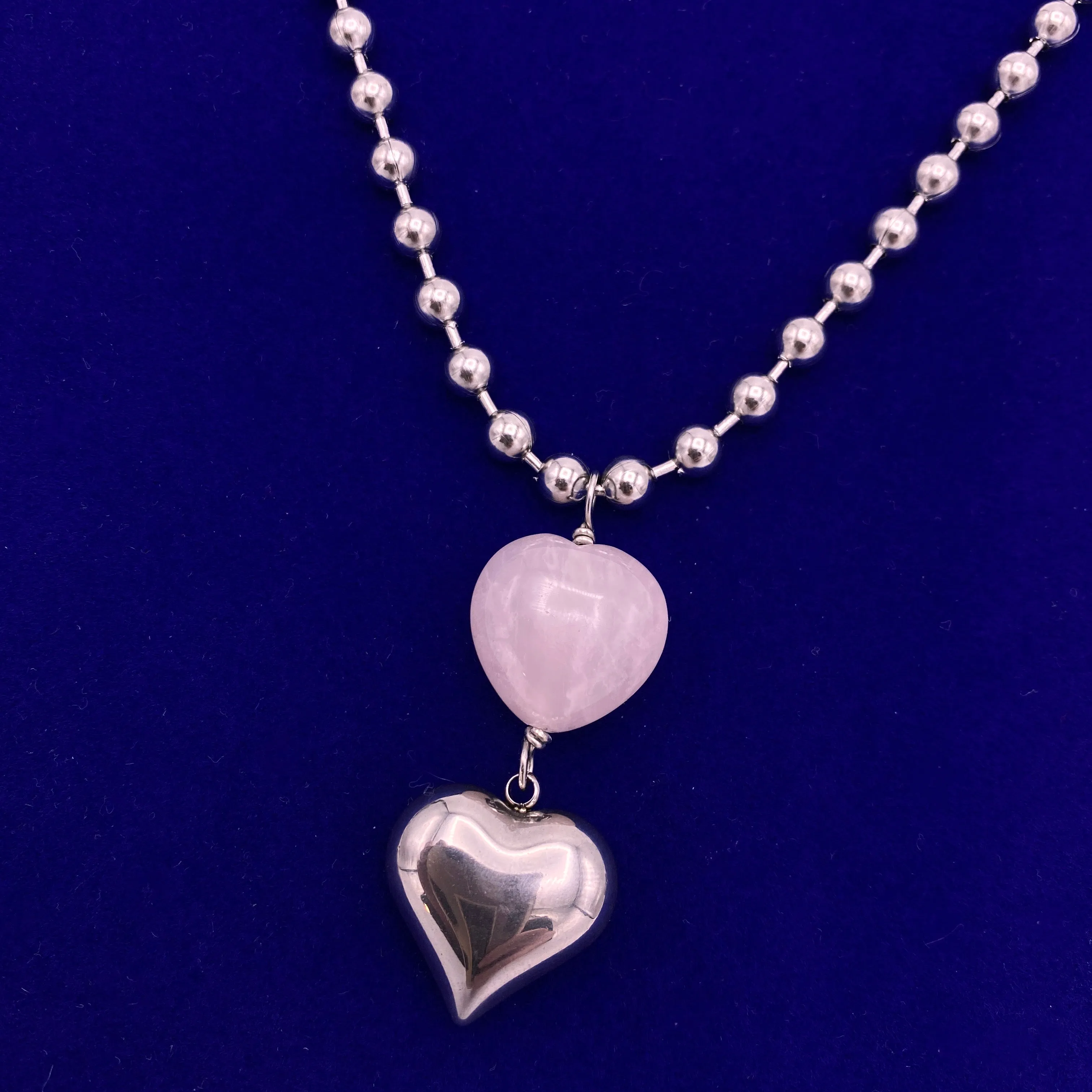 Rose Quartz and stainless steel Heart Necklace