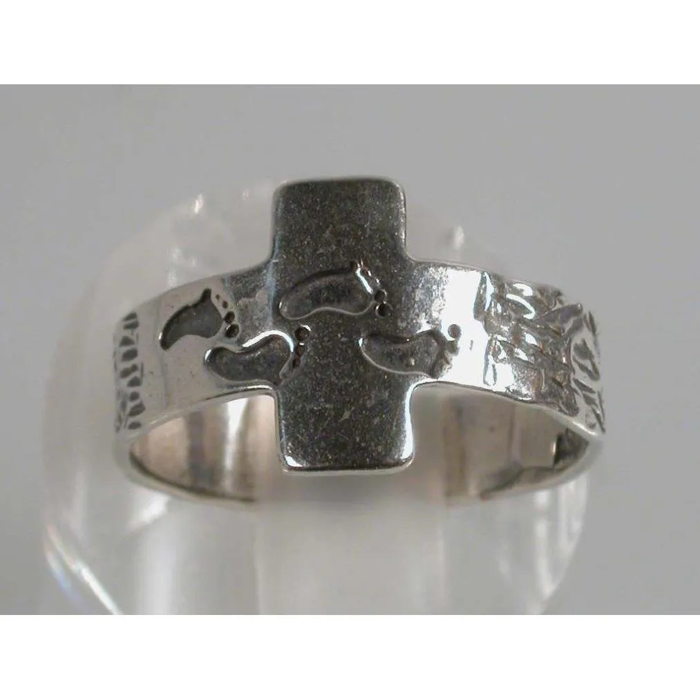 Sterling Silver Cross Ring, Christian Jewelry  Cross Ring,  Ring with Footprints