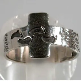 Sterling Silver Cross Ring, Christian Jewelry  Cross Ring,  Ring with Footprints