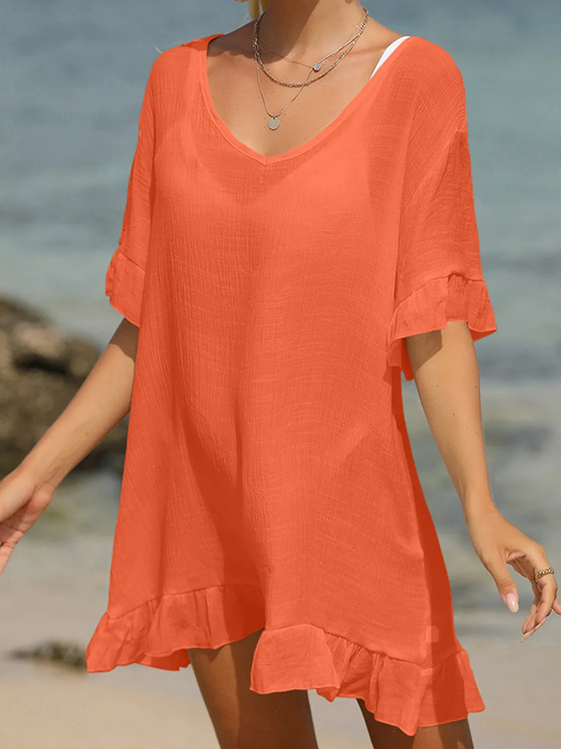 Sunset Vacation  Tied Ruffled Half Sleeve Beach Cover Up