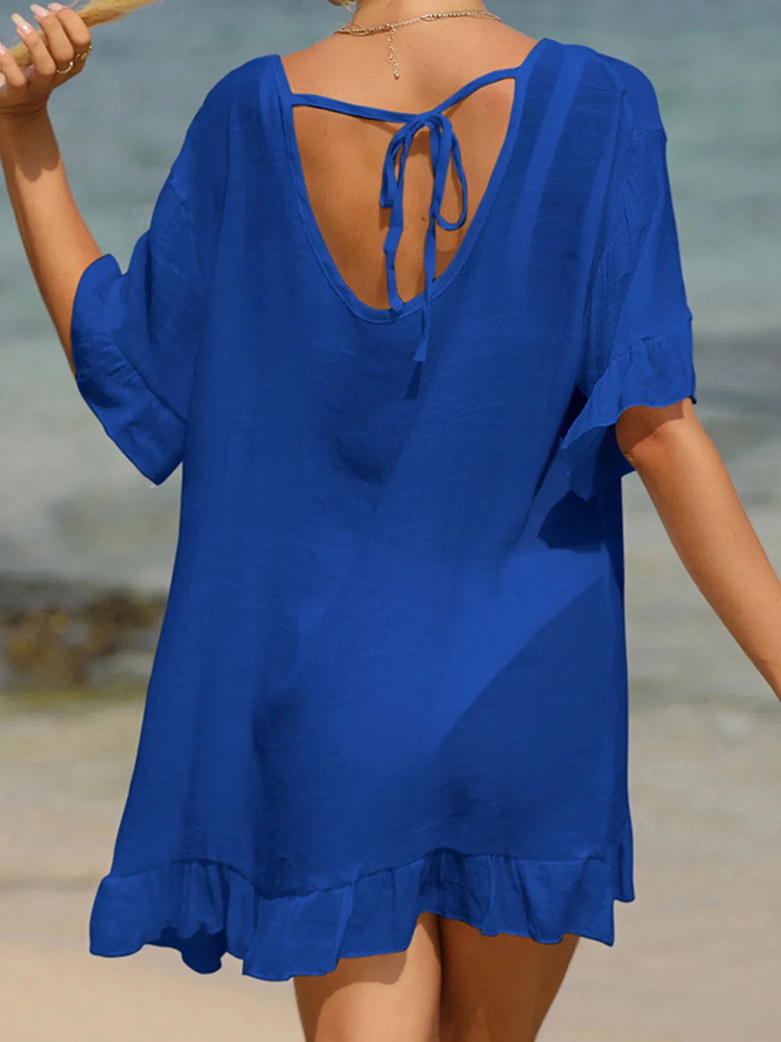 Sunset Vacation  Tied Ruffled Half Sleeve Beach Cover Up