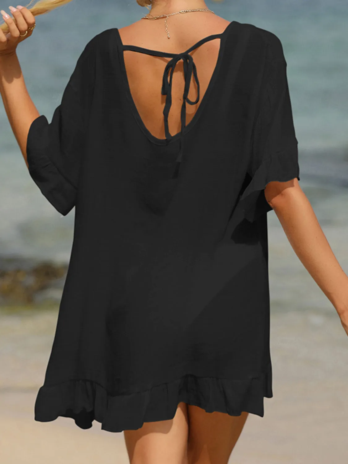 Sunset Vacation  Tied Ruffled Half Sleeve Beach Cover Up