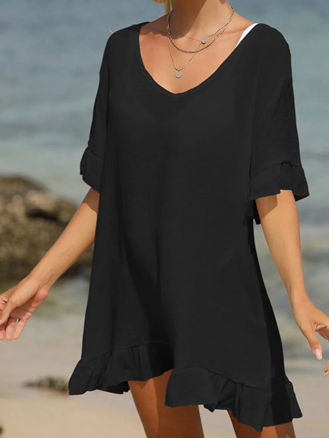 Sunset Vacation  Tied Ruffled Half Sleeve Beach Cover Up