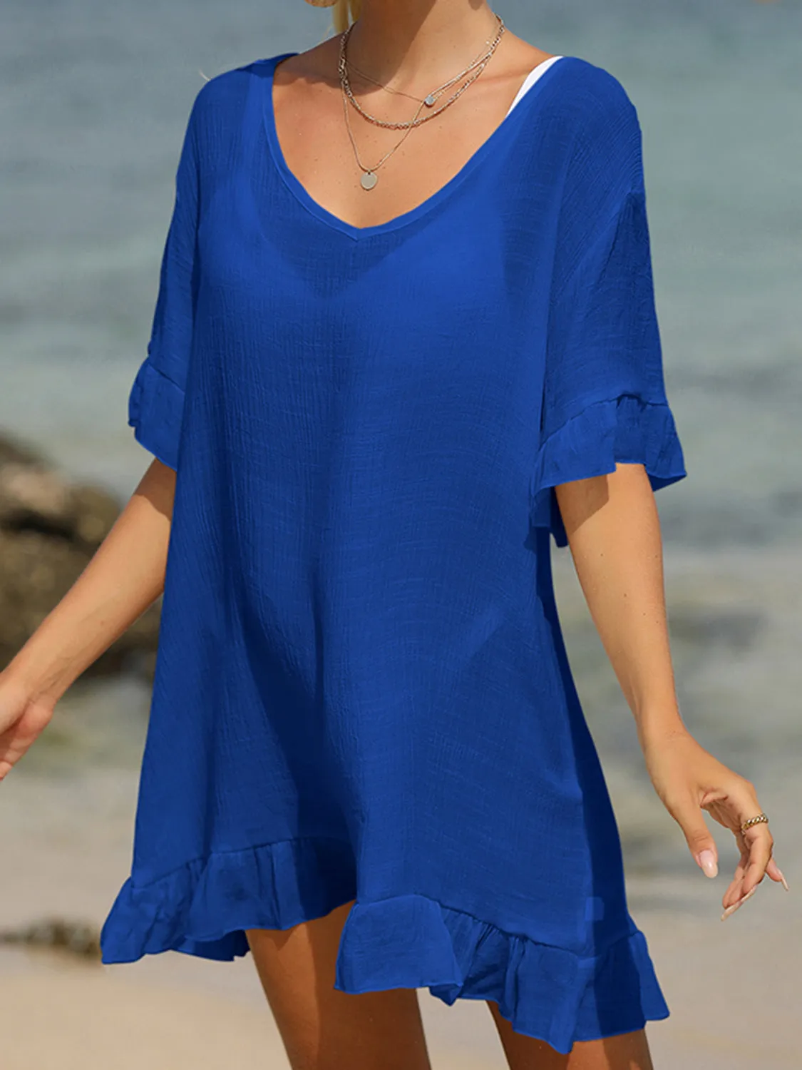 Sunset Vacation  Tied Ruffled Half Sleeve Beach Cover Up