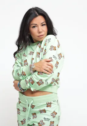 Teddy Bear Print Stretch Fleece Crop - Green