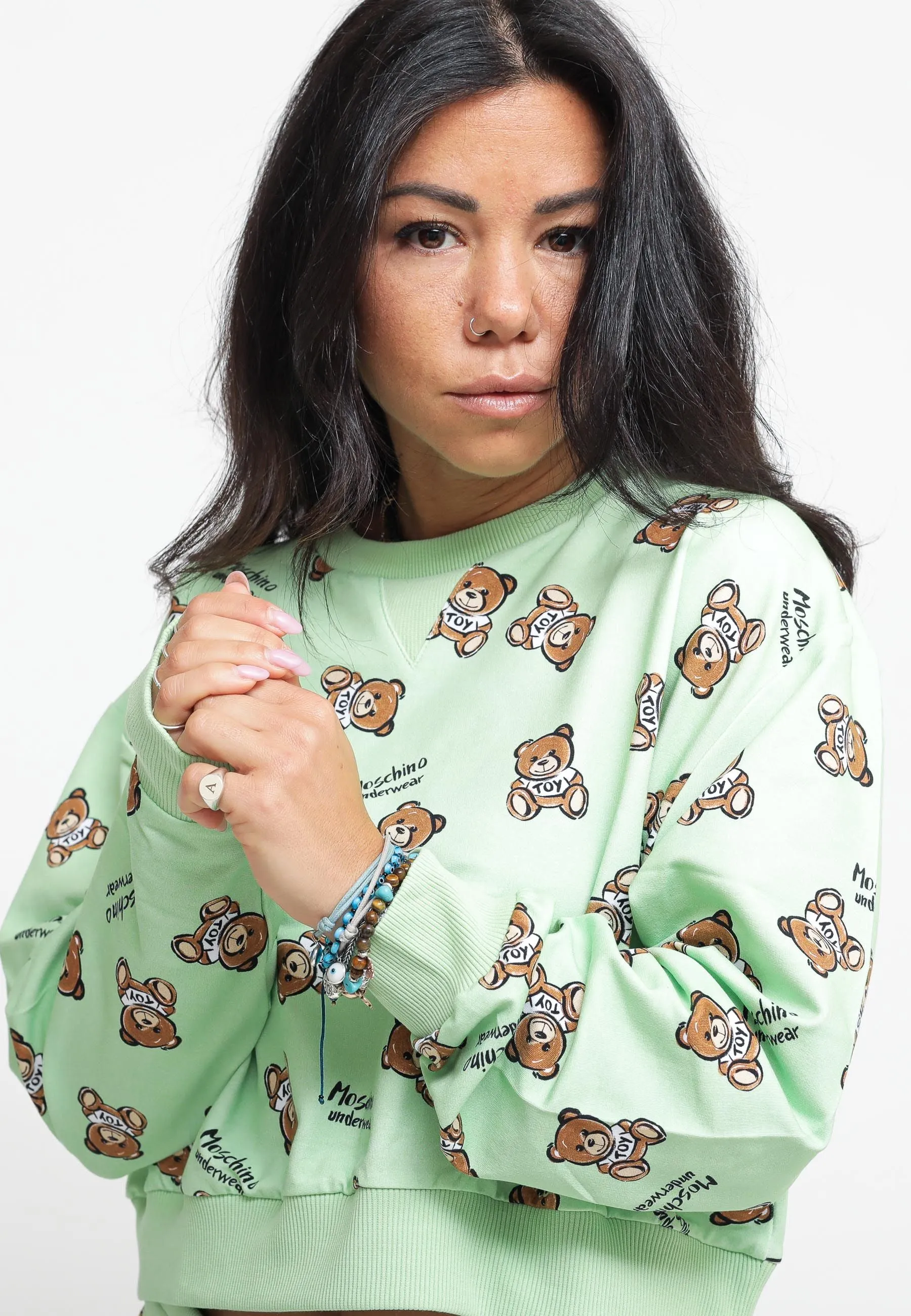 Teddy Bear Print Stretch Fleece Crop - Green