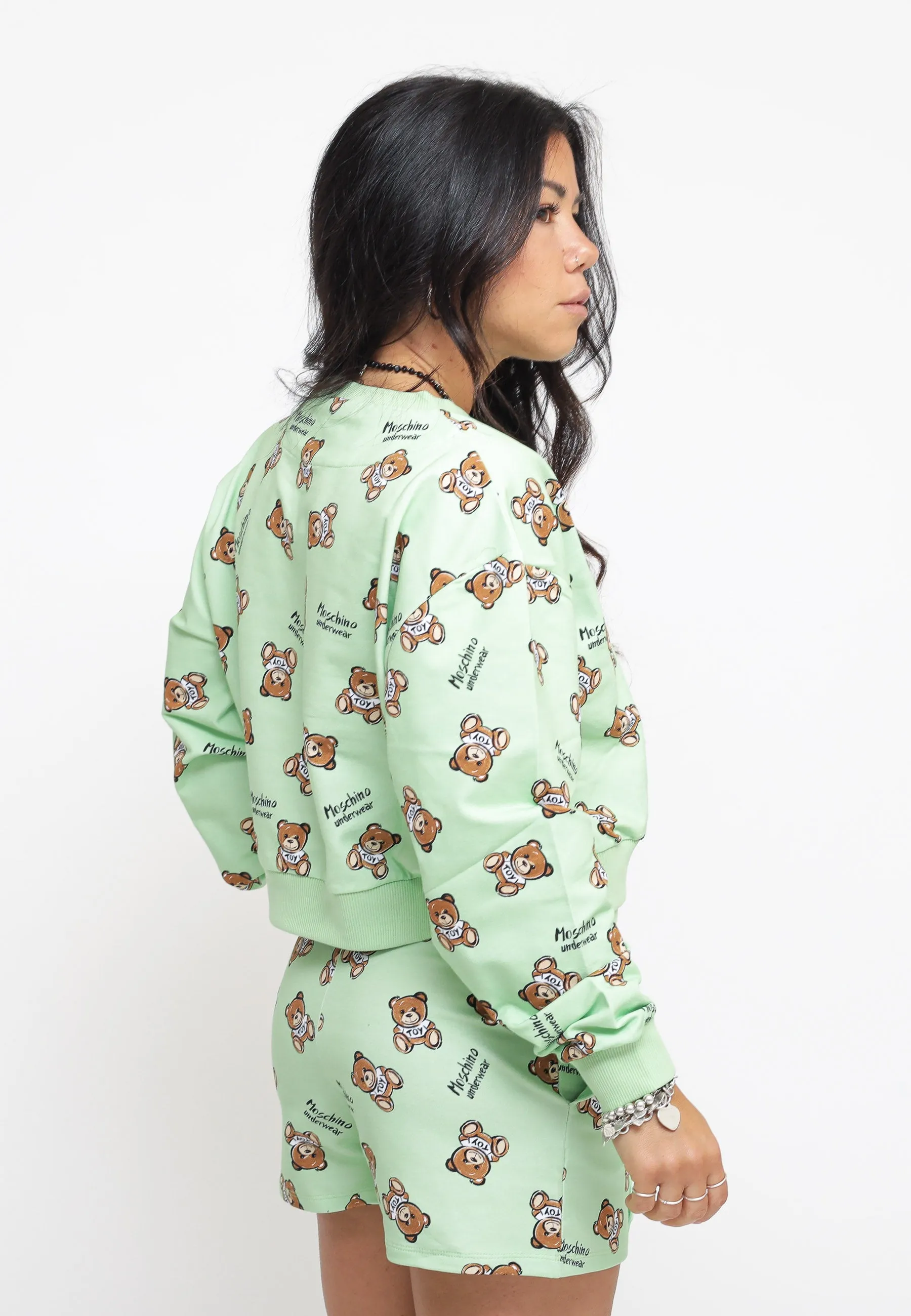 Teddy Bear Print Stretch Fleece Crop - Green