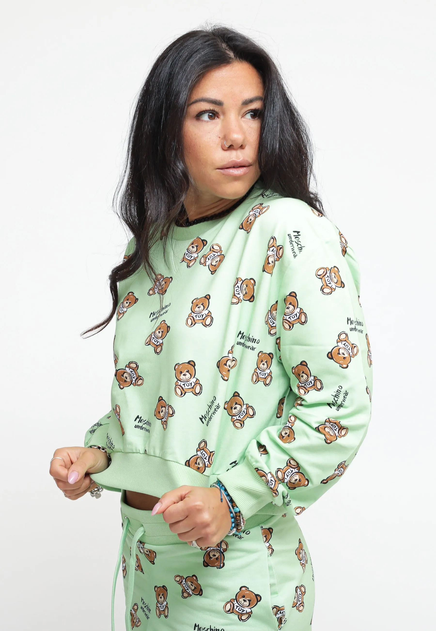 Teddy Bear Print Stretch Fleece Crop - Green