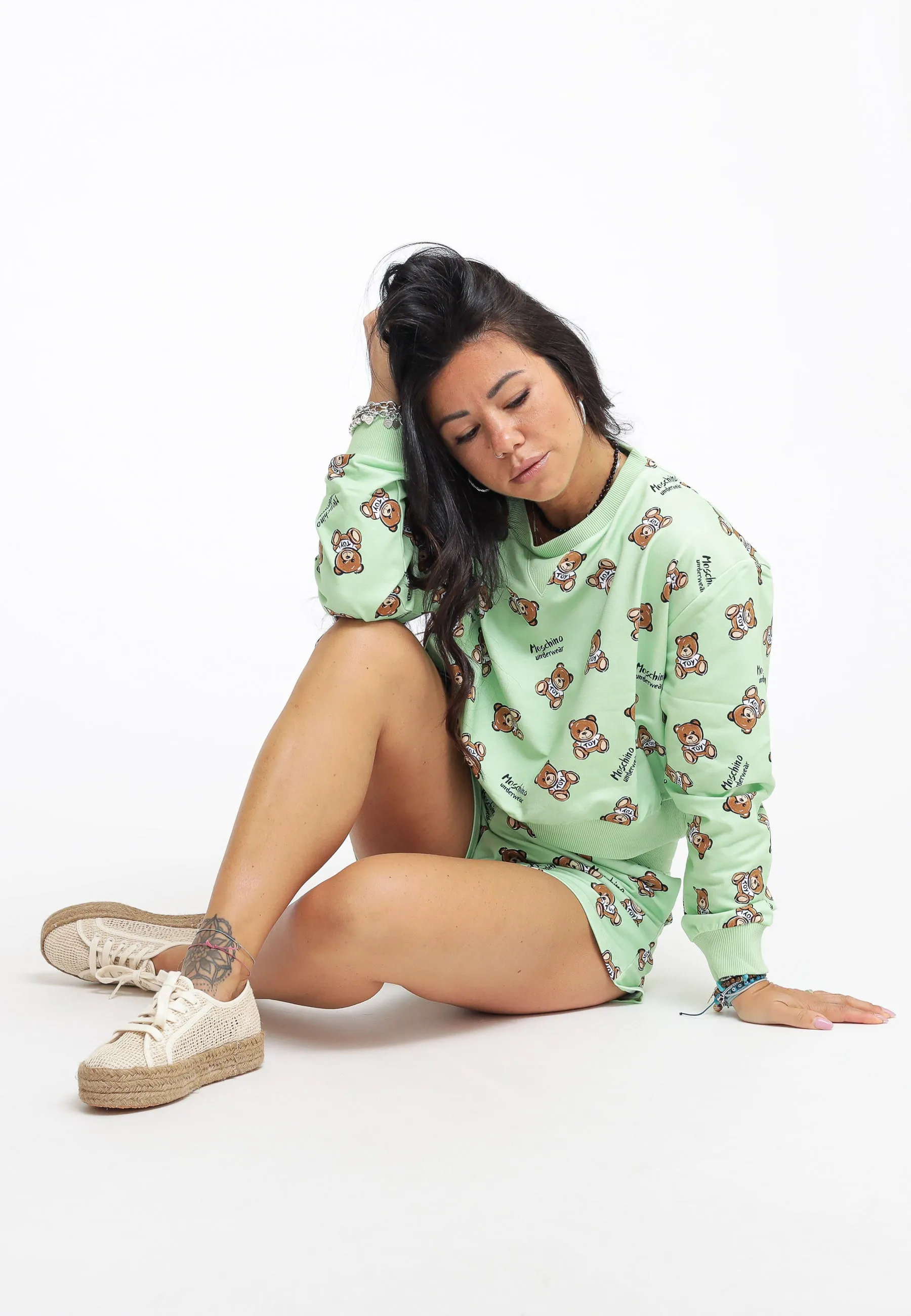 Teddy Bear Print Stretch Fleece Crop - Green