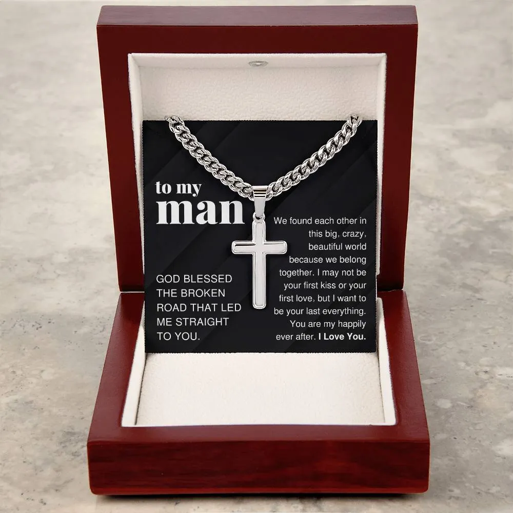 To My Man Gift, Big Crazy Beautiful World, Cross Pendant Cuban Chain Men Necklace