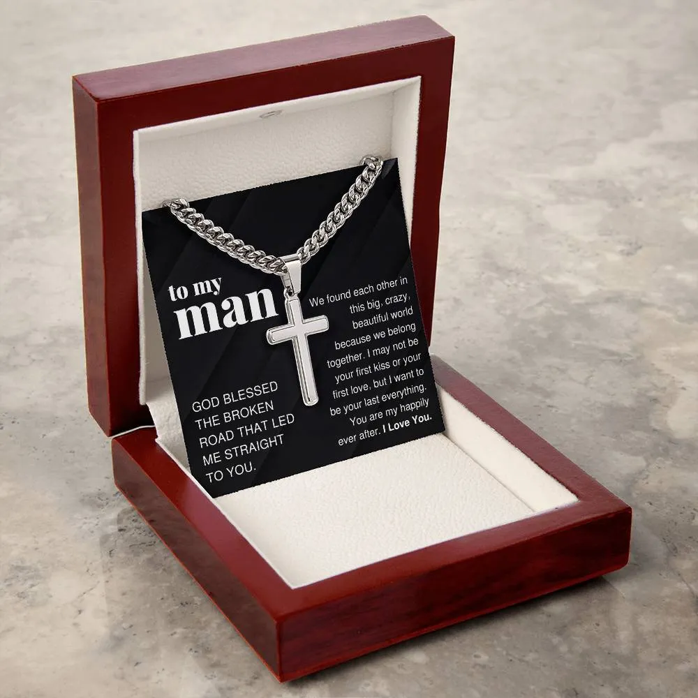 To My Man Gift, Big Crazy Beautiful World, Cross Pendant Cuban Chain Men Necklace