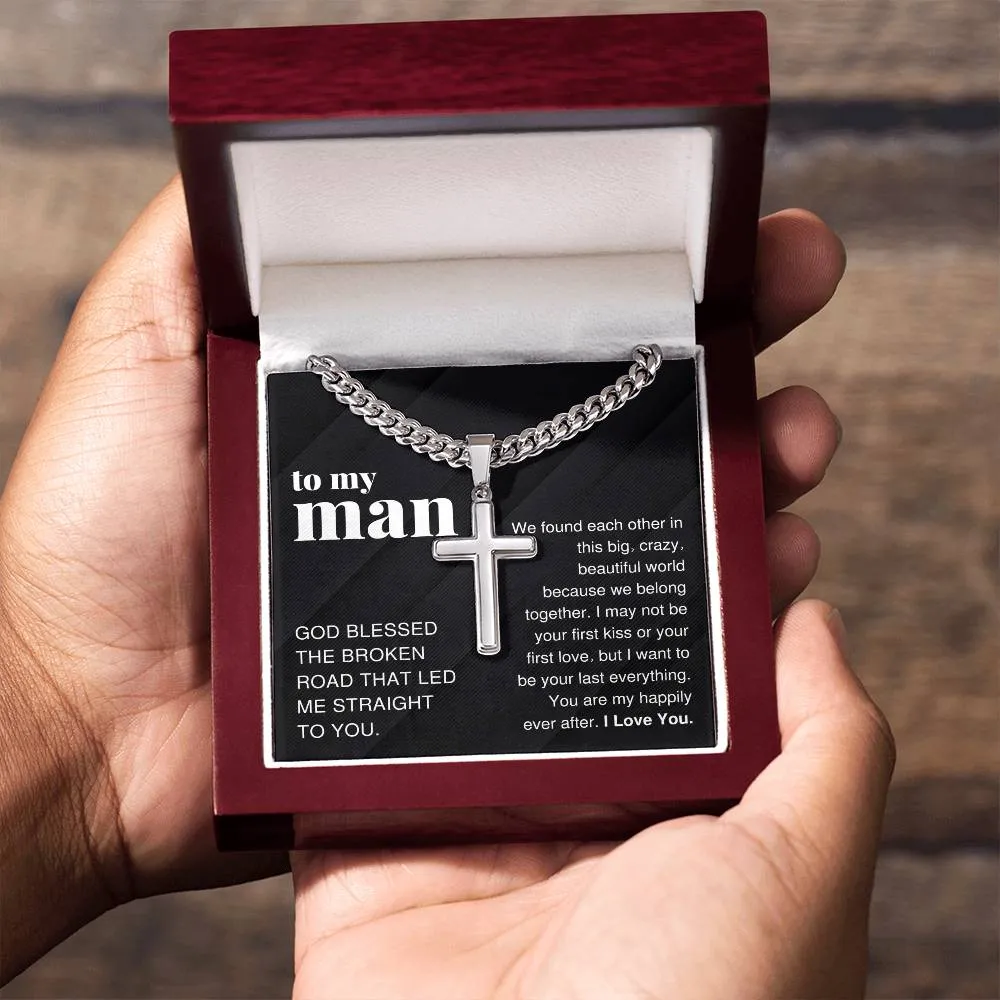 To My Man Gift, Big Crazy Beautiful World, Cross Pendant Cuban Chain Men Necklace