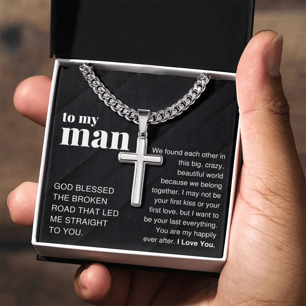 To My Man Gift, Big Crazy Beautiful World, Cross Pendant Cuban Chain Men Necklace