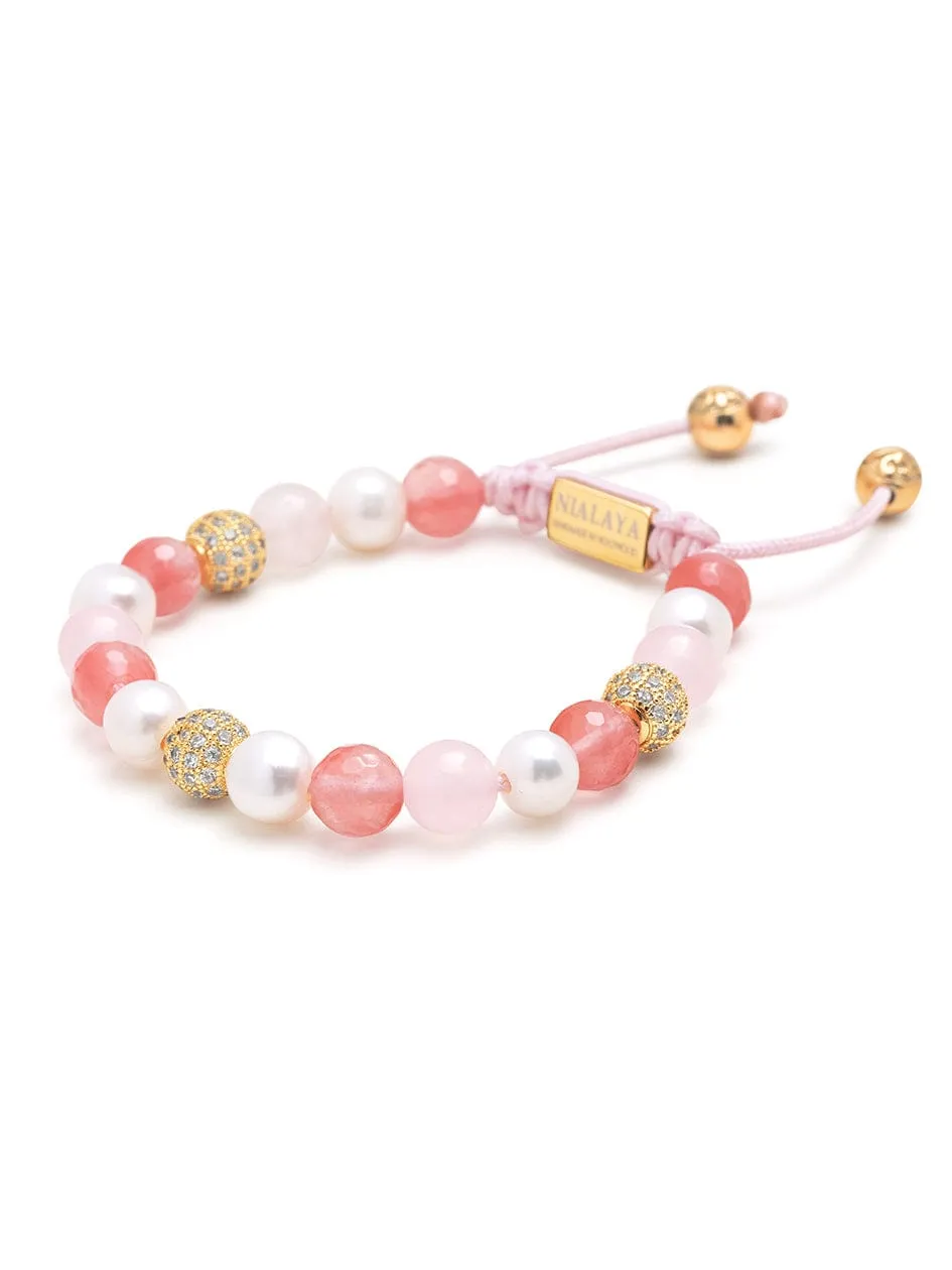 Women's Beaded Bracelet with Pearl, Rose Quartz, Cherry Quartz and Gold