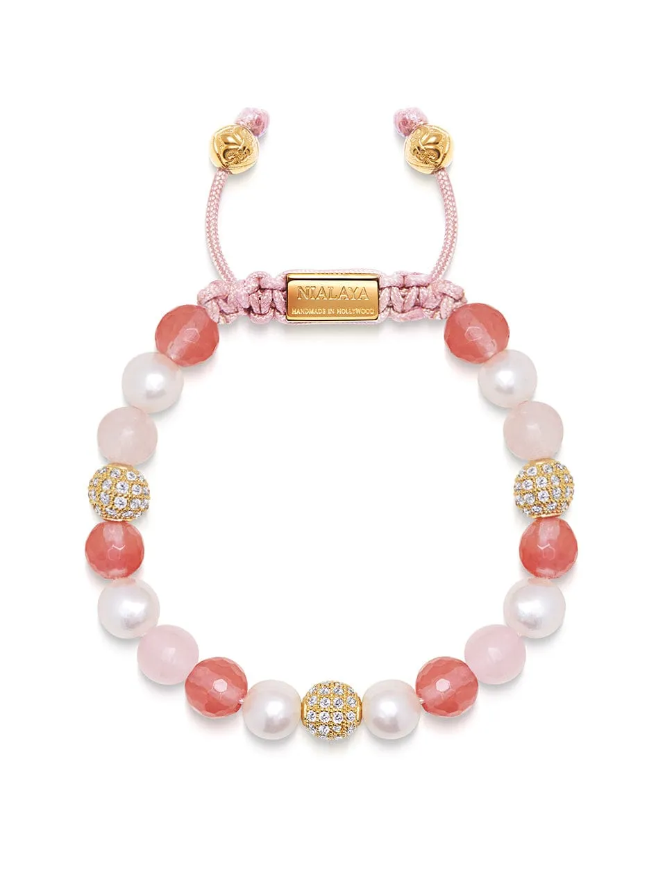 Women's Beaded Bracelet with Pearl, Rose Quartz, Cherry Quartz and Gold