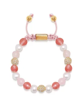 Women's Beaded Bracelet with Pearl, Rose Quartz, Cherry Quartz and Gold