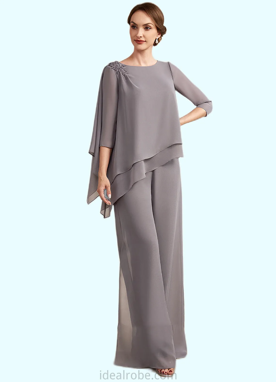 Zoe Jumpsuit/Pantsuit Scoop Neck Floor-Length Chiffon Mother of the Bride Dress With Beading STK126P0014630